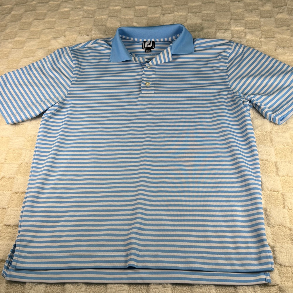 FootJoy Mens Athletic Fit Striped Golf Polo Shirt Blue White Large Evergreen Pt
